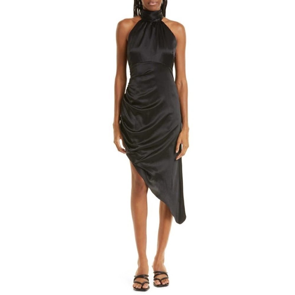 Cinq a Sept Naya Ruched Asymmetric Silk Dress Black Womens Size 8